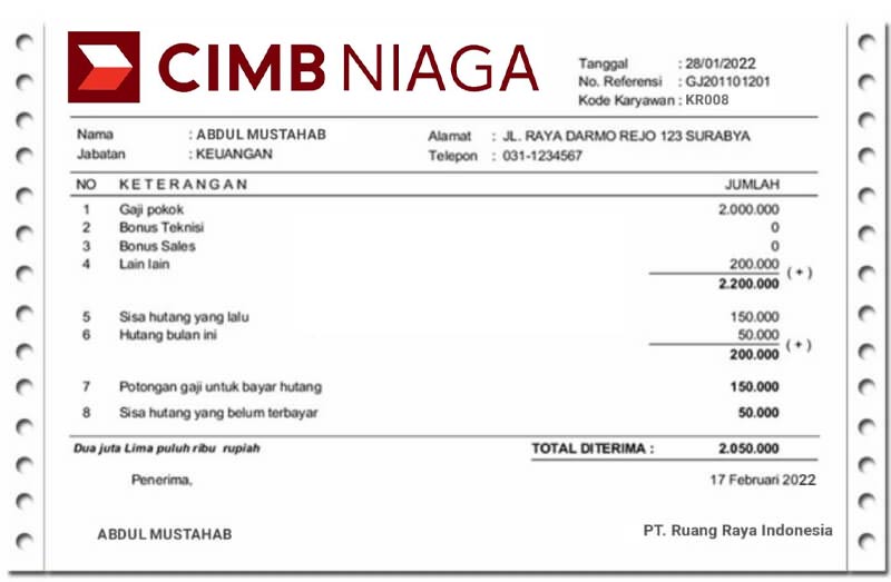 Contoh Slip Gaji Bank CIMB Niaga  Sumber DinasPajak,com