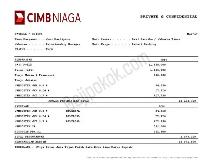 Contoh Slip Gaji Pegawai Bank CIMB Niaga